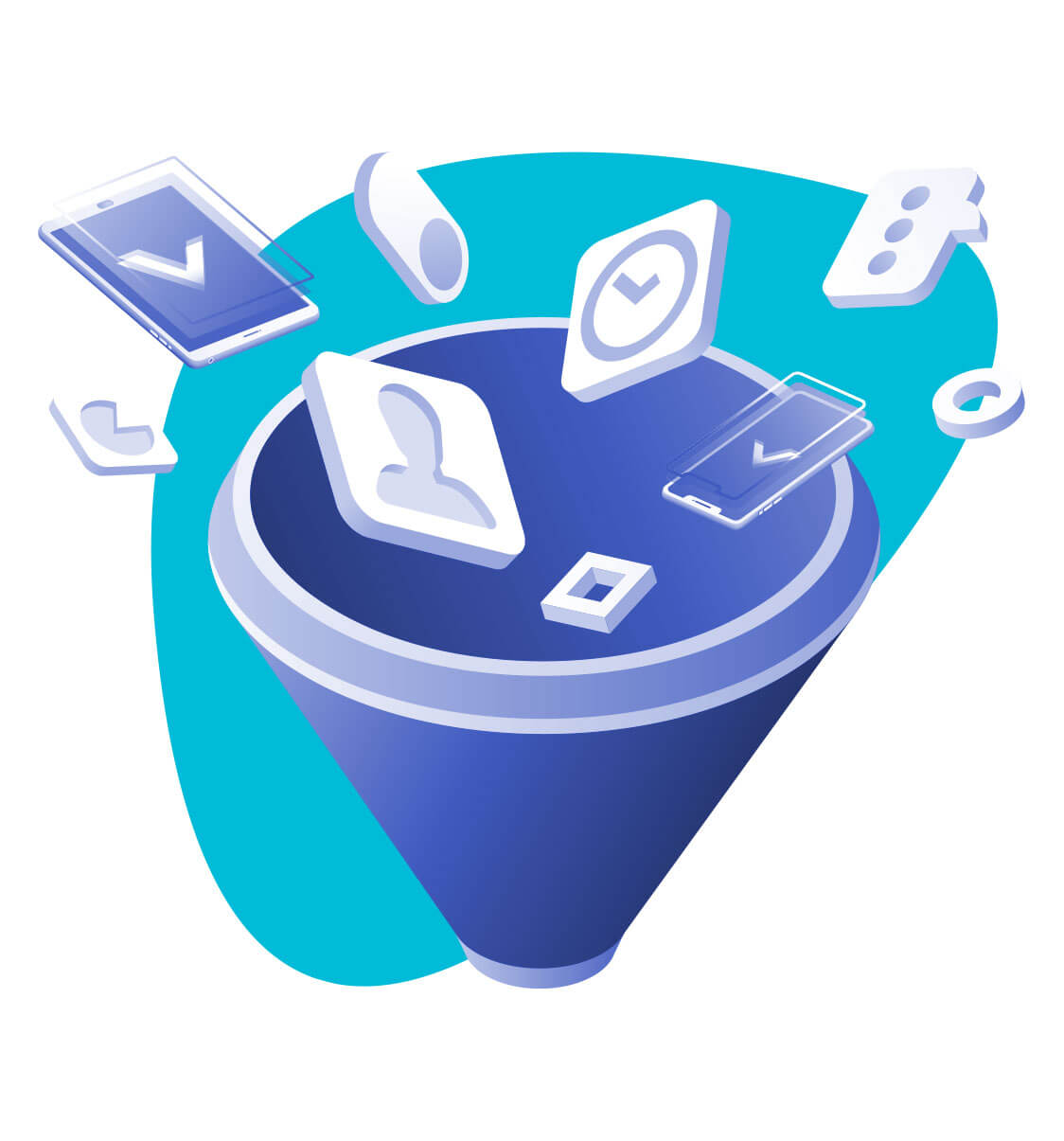 A funnel with cartoon images of a clock, smartphone, and other icons falling into it.