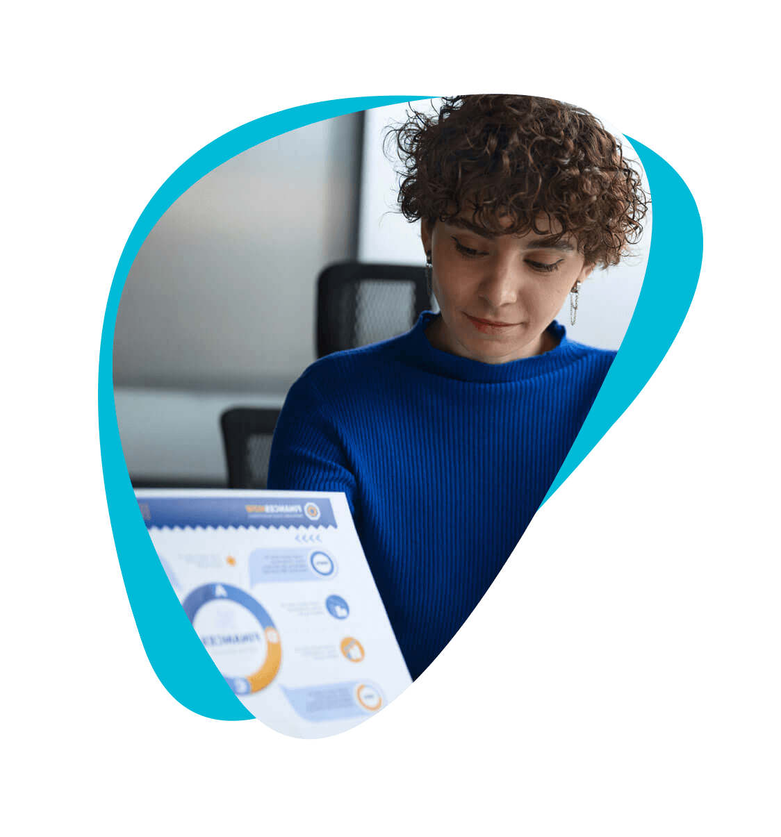 Woman with curly hair and a blue sweater looking at reports.
