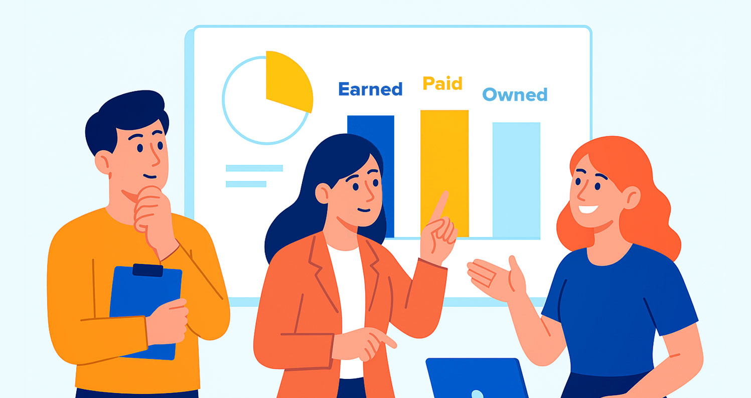 Three people discussing a bar chart labeled Earned, Paid, and Owned media in a digital marketing strategy meeting.