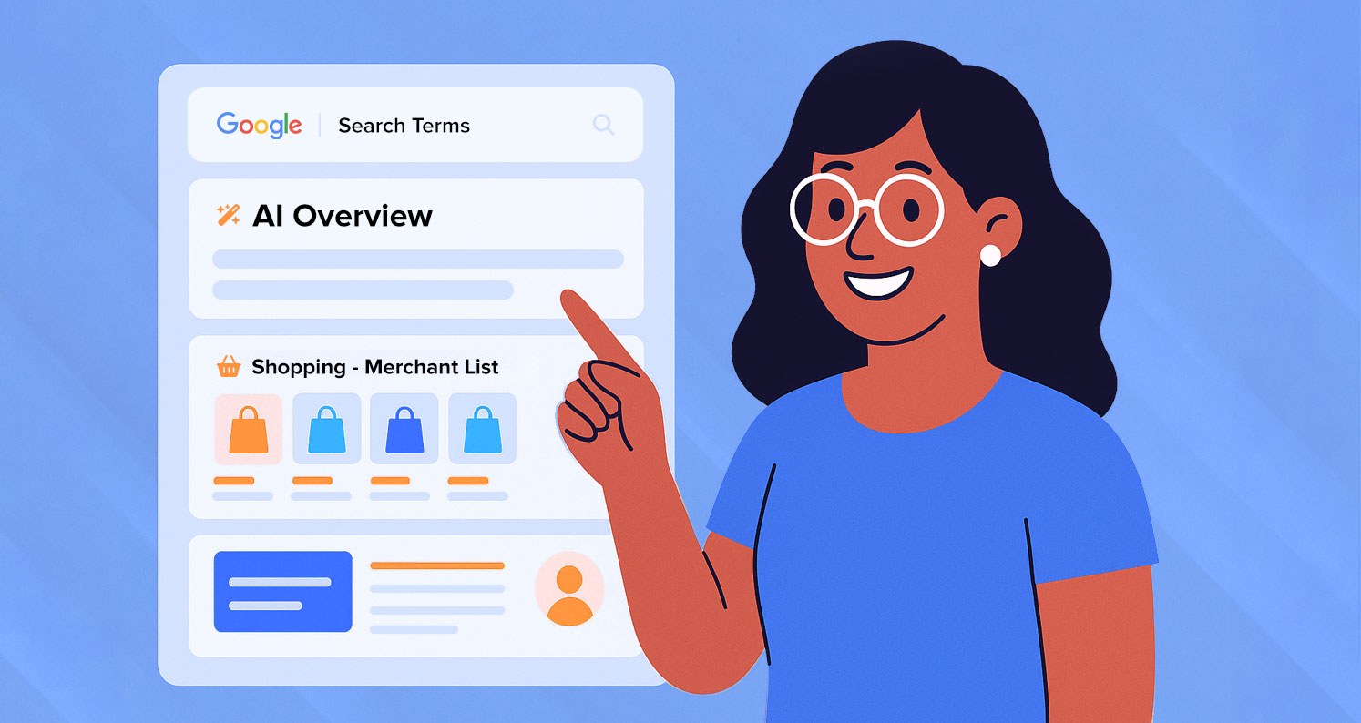 Cartoon of a smiling woman pointing at a mock Google SERP with an AI overview and shopping results, representing generative search and Merchant Listings.